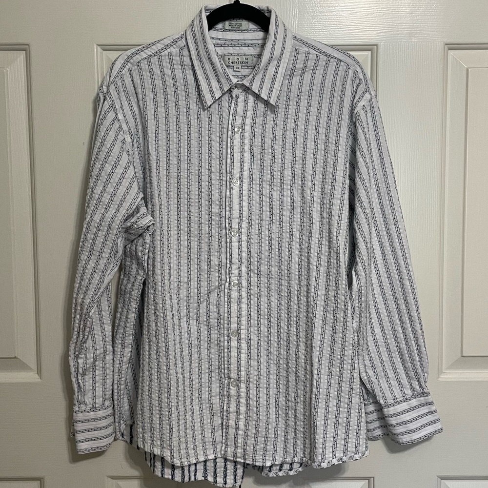 Young Men’s Textured Button Down Shirt w/ Mini Stripes & Flowers, White, XL